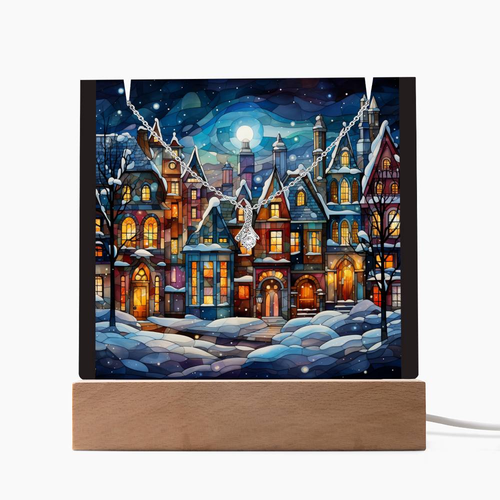 VILLAGE SCENE 1 | 2-for-1 Nightlight Christmas Plaque with Alluring Beauty Necklace