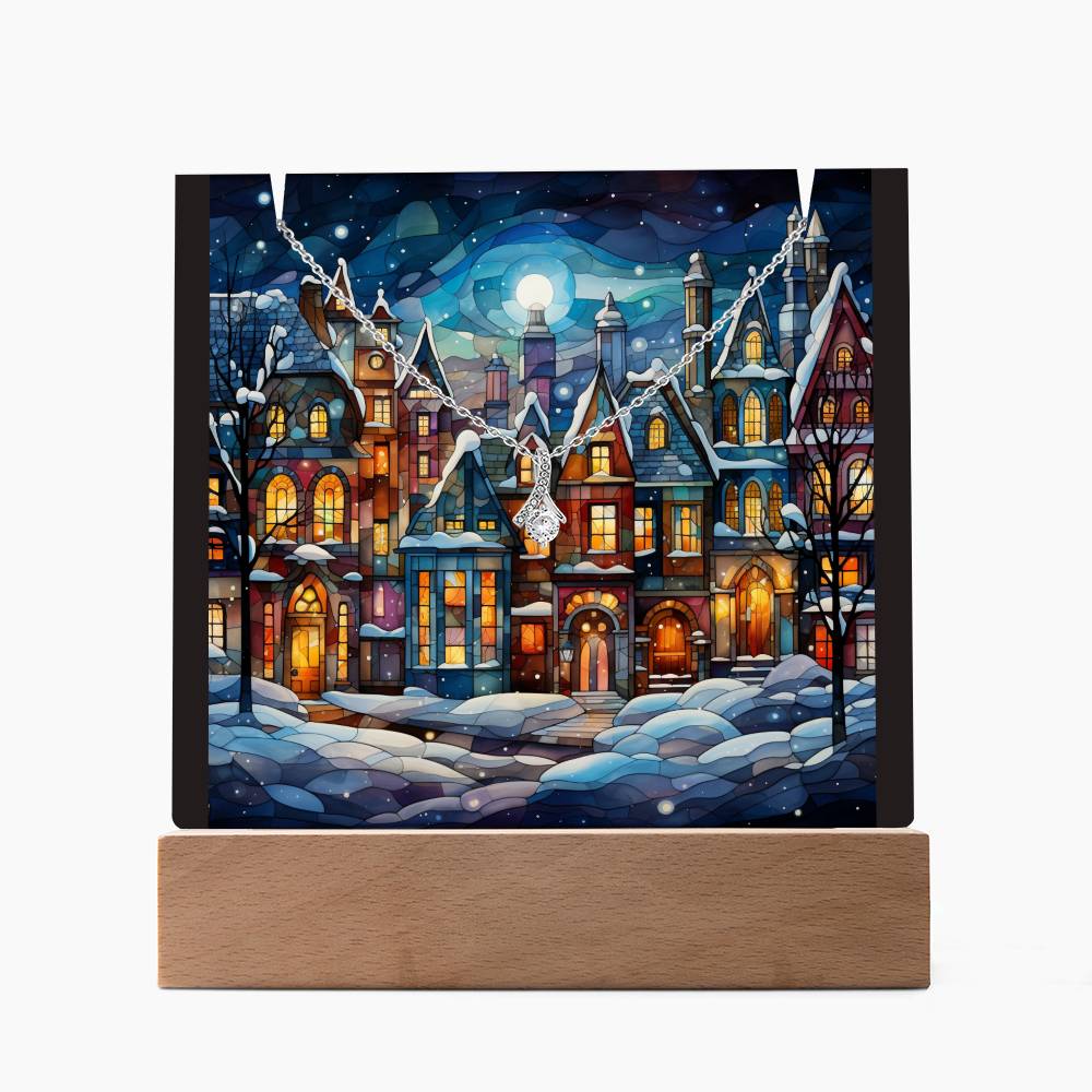 VILLAGE SCENE 1 | 2-for-1 Nightlight Christmas Plaque with Alluring Beauty Necklace