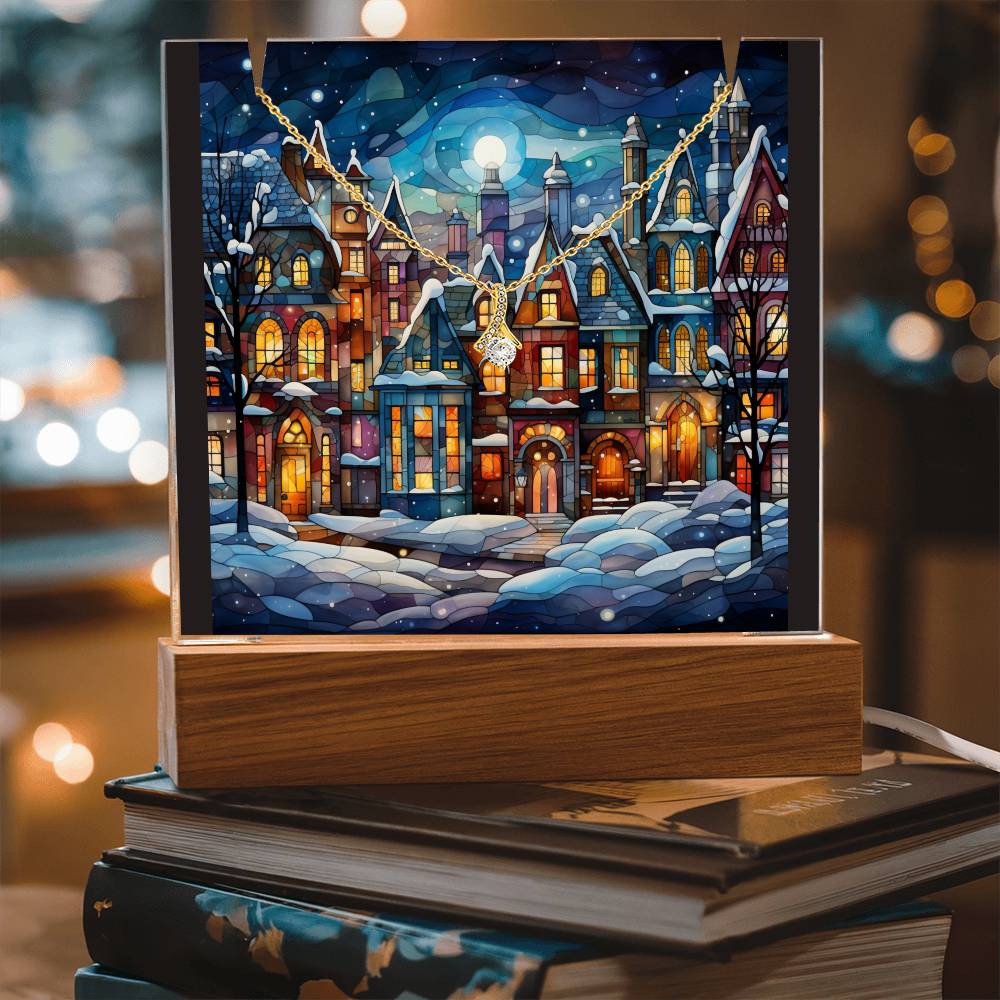 VILLAGE SCENE 1 | 2-for-1 Nightlight Christmas Plaque with Alluring Beauty Necklace