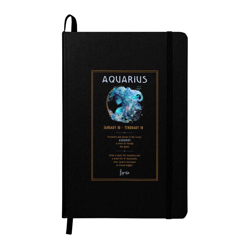 Personalized Aquarius zodiac journal with vibrant cosmic illustration, January 20 - February 18 date range, and elegant gold accents.